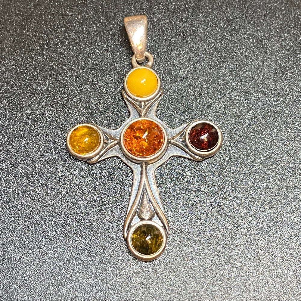 Multi Color Amber Cross Pendant in Sterling Silver